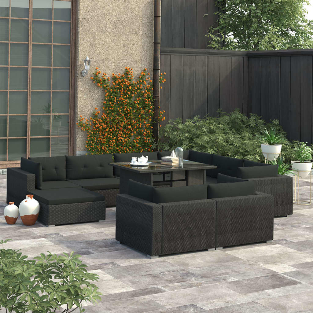 VidaXL 10-delige Loungeset met kussens poly rattan zwart