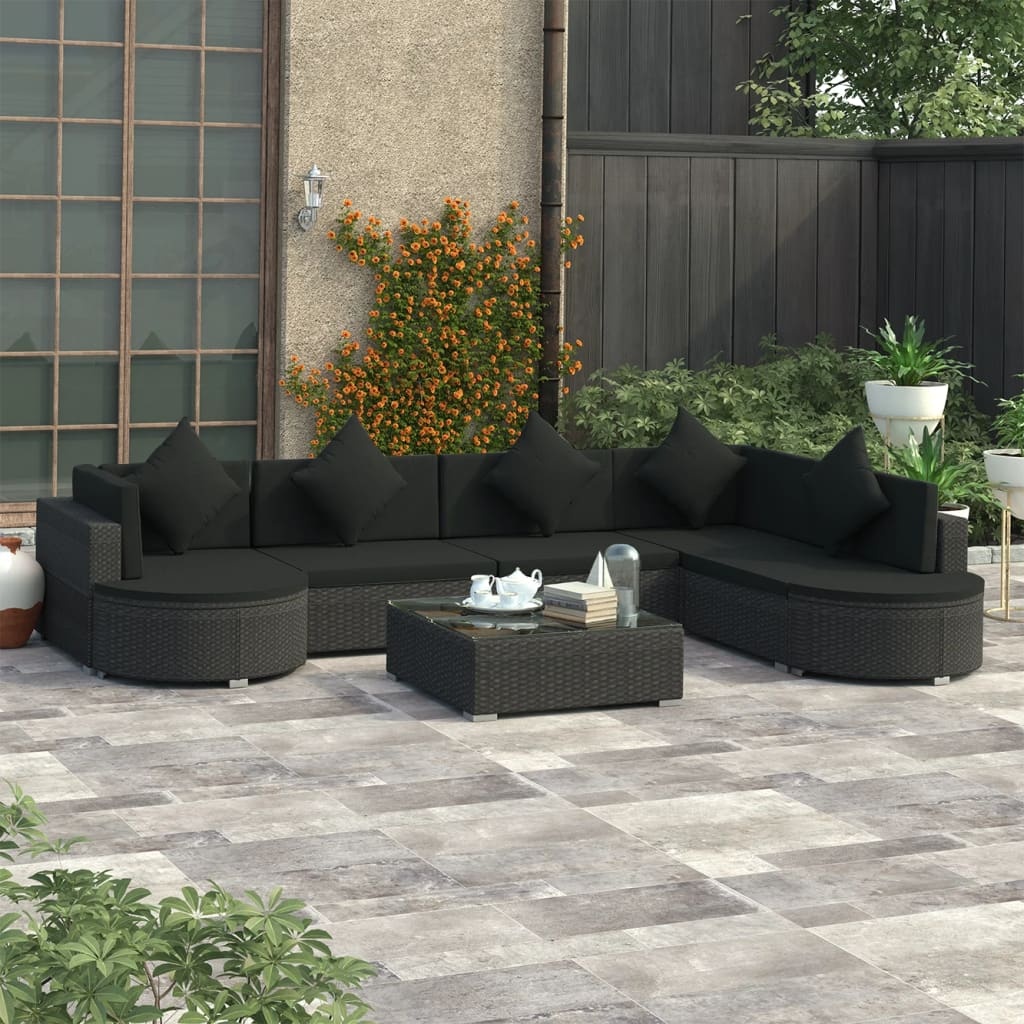 VidaXL 8-delige Loungeset met kussens poly rattan zwart