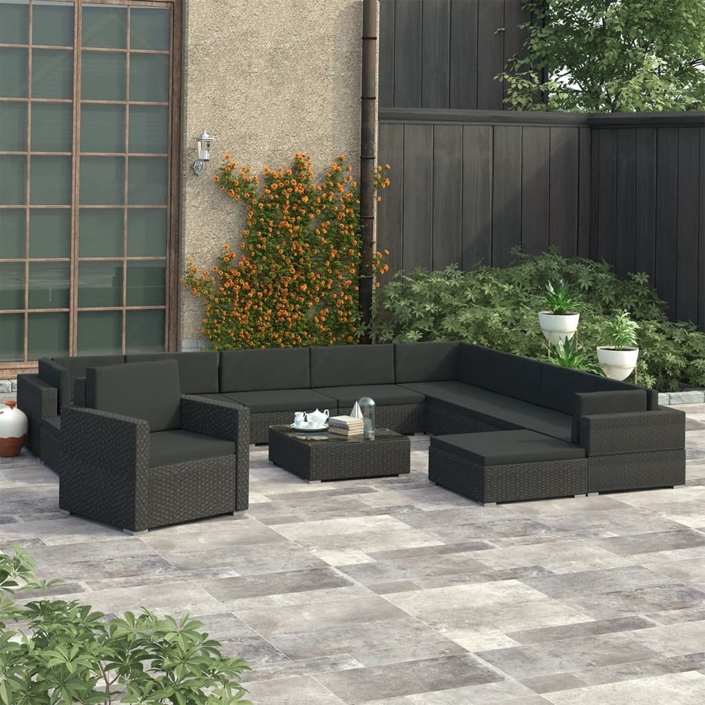 VidaXL 12-delige Loungeset met kussens poly rattan zwart