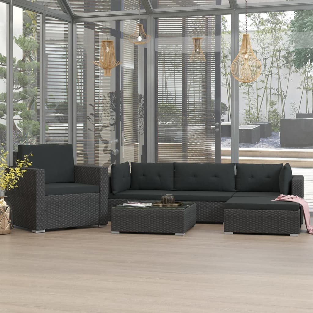 VidaXL 6-delige Loungeset met kussens poly rattan zwart