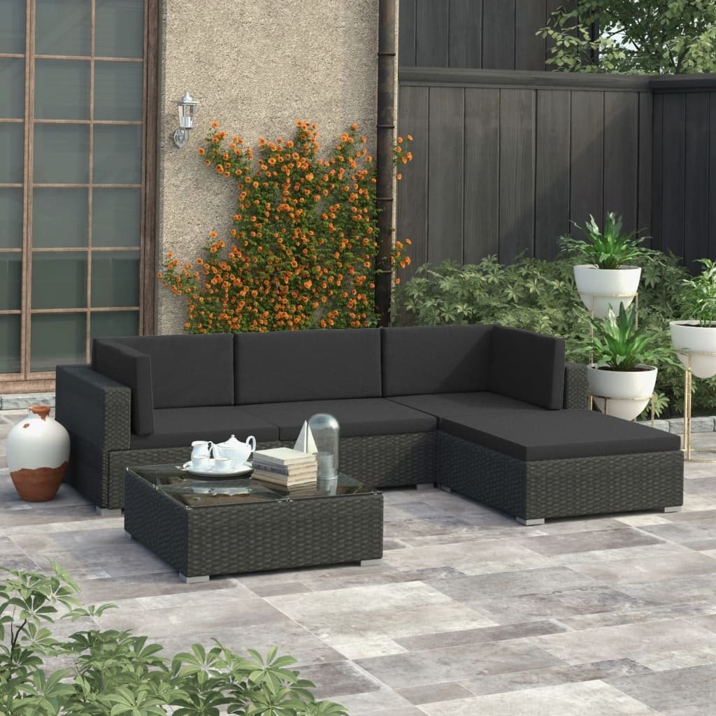 VidaXL 5-delige Loungeset met kussens poly rattan zwart