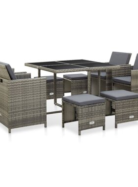 VidaXL 9-delige Tuinset met kussens poly rattan grijs