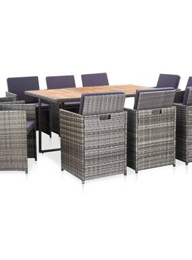 VidaXL 11-delige Tuinset met kussens poly rattan grijs