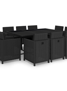 VidaXL 11-delige Tuinset met kussens poly rattan zwart