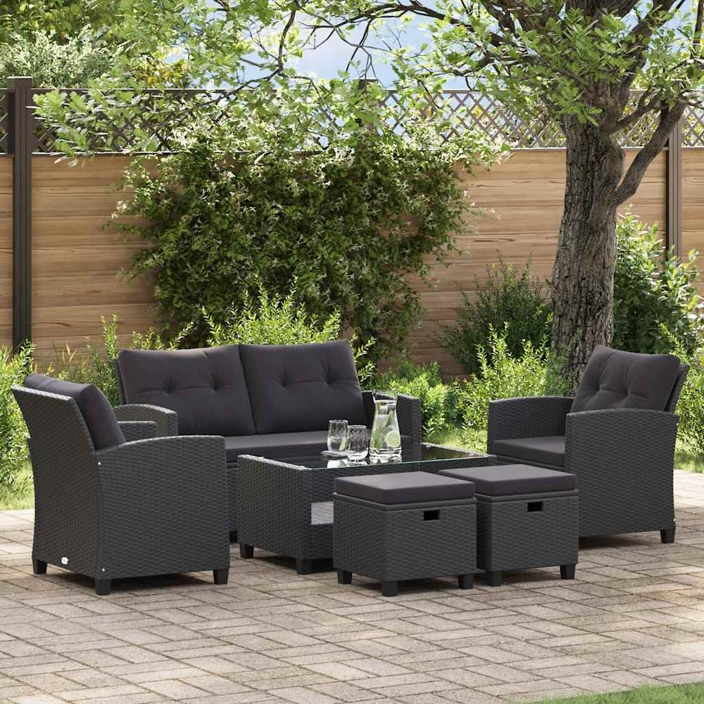 VidaXL 6-delige Loungeset met kussens poly rattan zwart