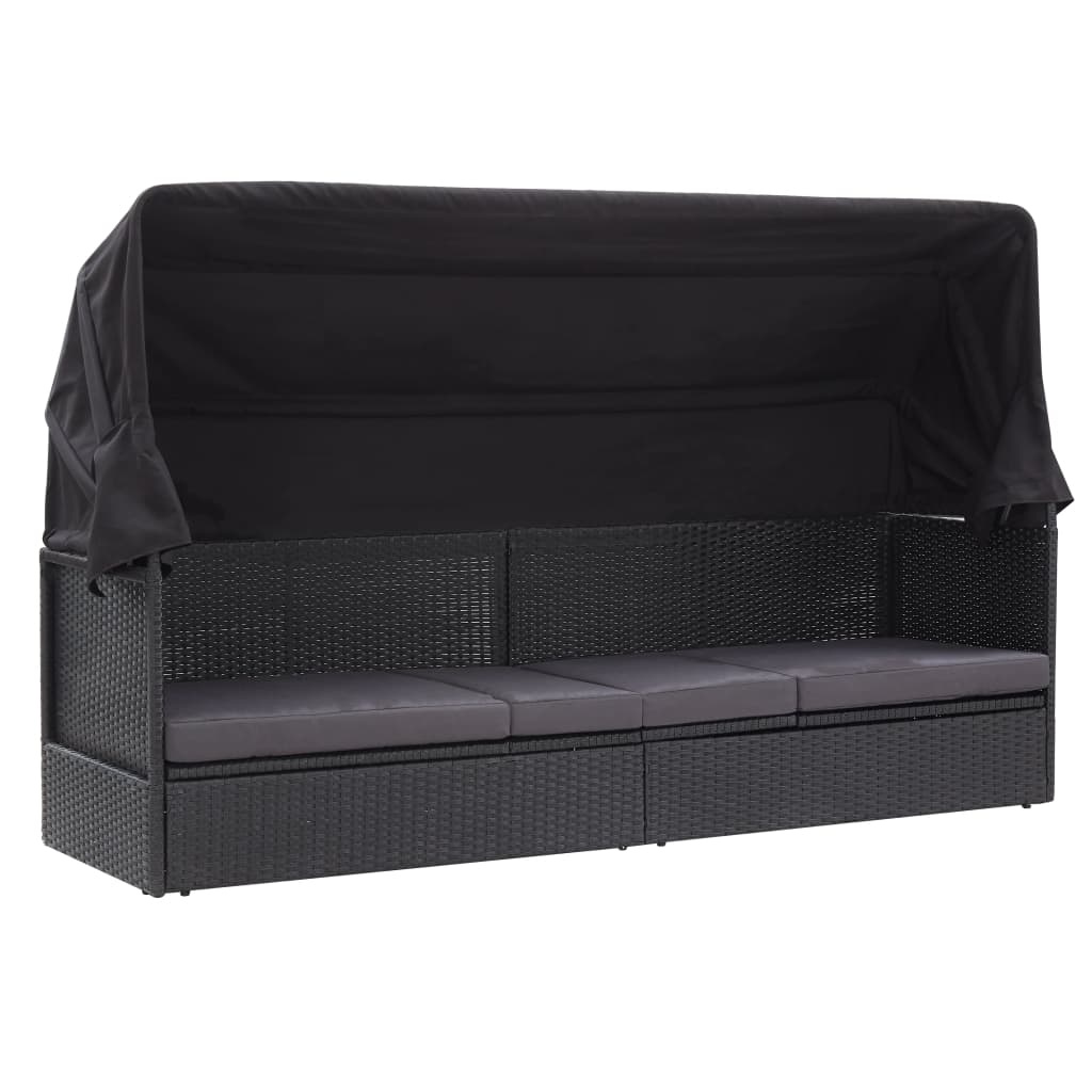 VidaXL Loungebank met luifel poly rattan zwart