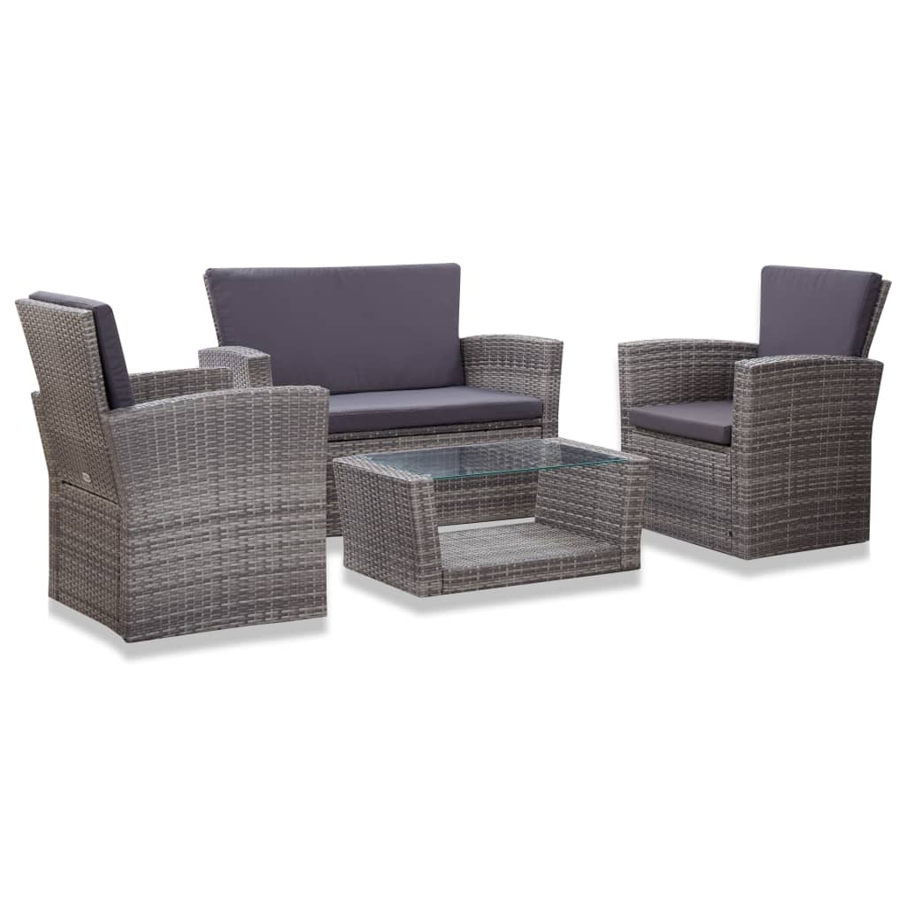 VidaXL 4-delige Loungeset met kussens poly rattan grijs