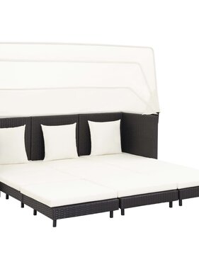 VidaXL Slaapbank met luifel 3-zits verlengbaar poly rattan zwart