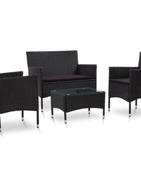 VidaXL 4-delige Loungeset met kussens poly rattan zwart