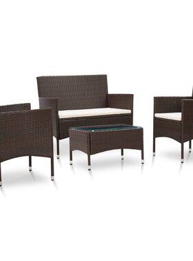 VidaXL 4-delige Loungeset met kussens poly rattan bruin