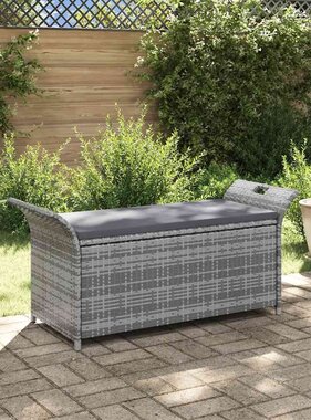 VidaXL Opbergbankje met kussen 138 cm poly rattan grijs