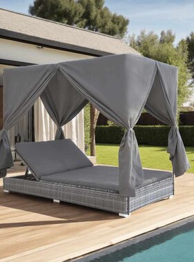 VidaXL Loungebed met gordijnen poly rattan grijs