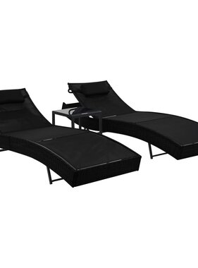 VidaXL Ligbedden 2 st met tafel poly rattan en textileen zwart