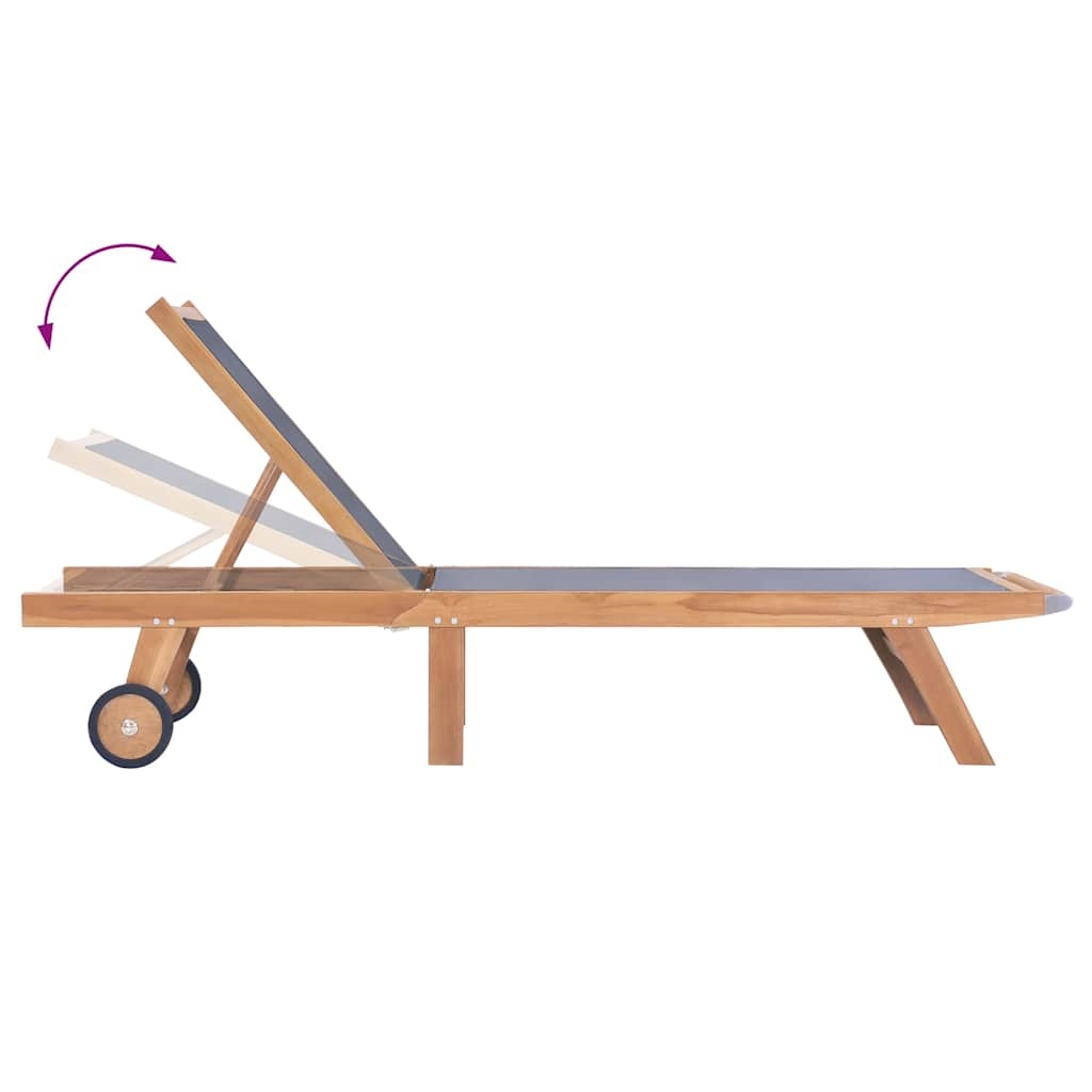 VidaXL Ligbed inklapbaar met wielen massief teakhout en textileen
