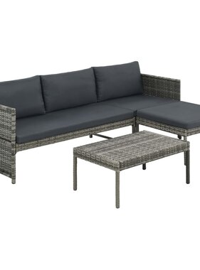 VidaXL 3-delige Loungeset met kussens poly rattan grijs
