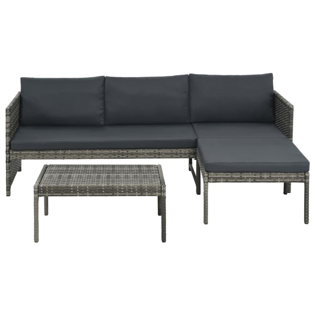 VidaXL 3-delige Loungeset met kussens poly rattan grijs