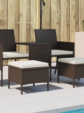 VidaXL Tuinbank met tafeltje en krukken tweezits poly rattan bruin
