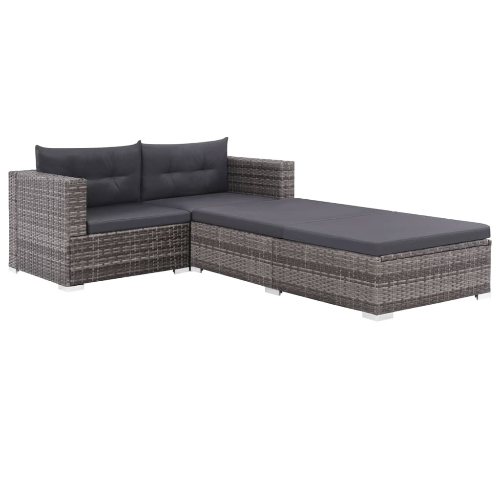 VidaXL 3-delige Loungeset met kussens poly rattan grijs
