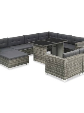 VidaXL 10-delige Loungeset met kussens poly rattan grijs