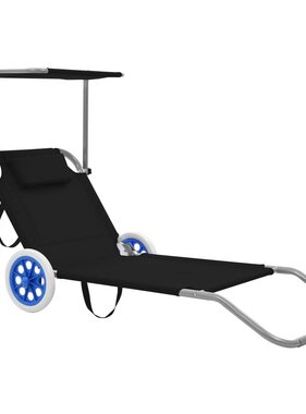 VidaXL Ligbed met luifel en wieltjes inklapbaar staal zwart