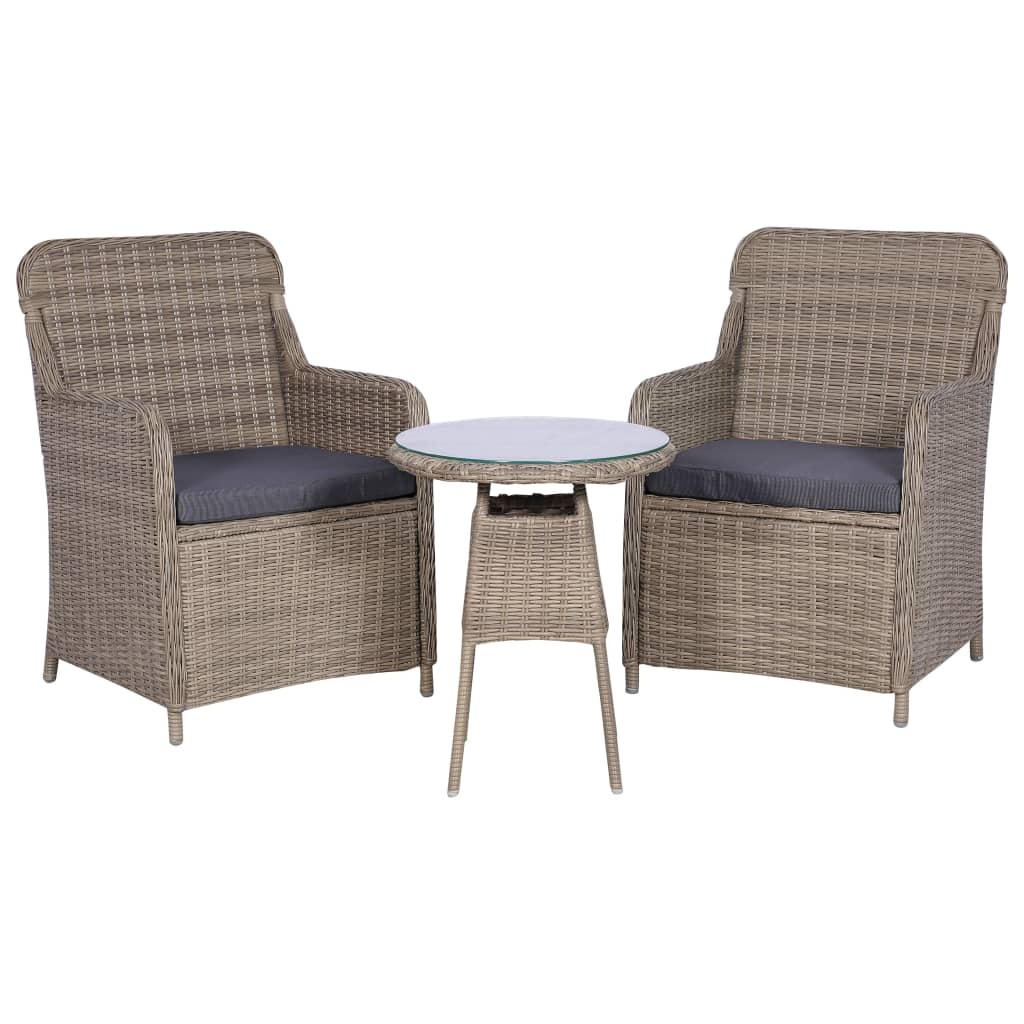 VidaXL 3-delige Bistroset met kussens poly rattan bruin