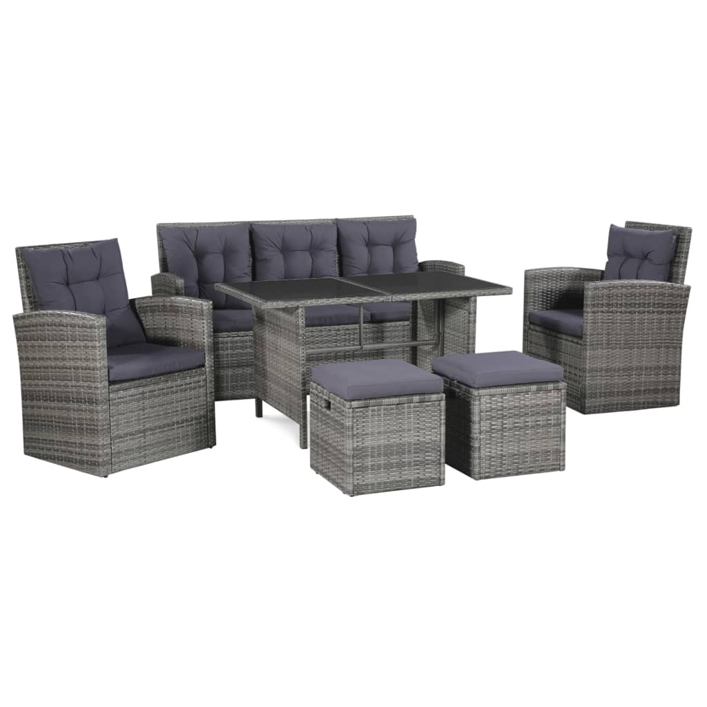 VidaXL 6-delige Loungeset met kussens poly rattan grijs