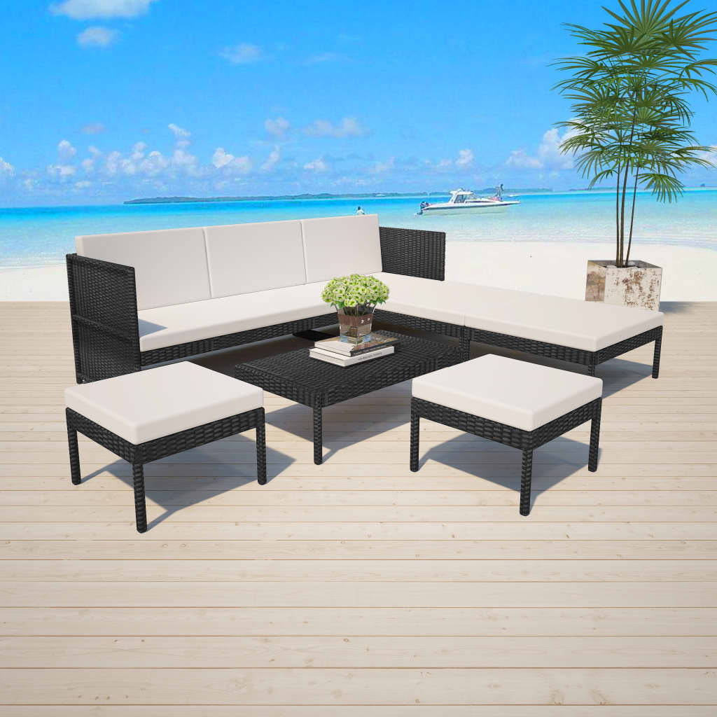VidaXL 6-delige Loungeset met kussens poly rattan zwart