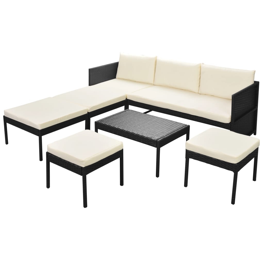 VidaXL 6-delige Loungeset met kussens poly rattan zwart