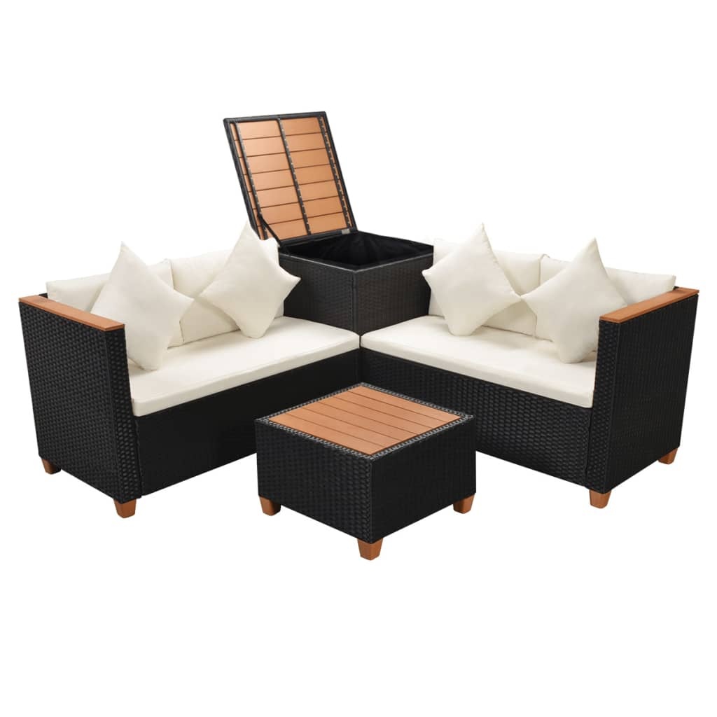 VidaXL 4-delige Loungeset met kussens poly rattan zwart