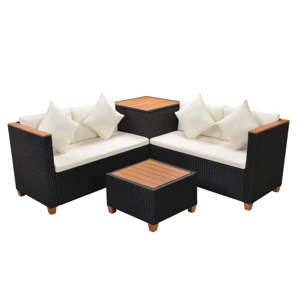 VidaXL 4-delige Loungeset met kussens poly rattan zwart