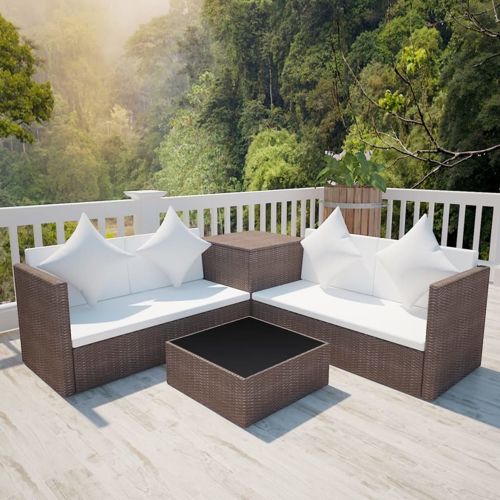VidaXL 4-delige Loungeset met kussens poly rattan bruin