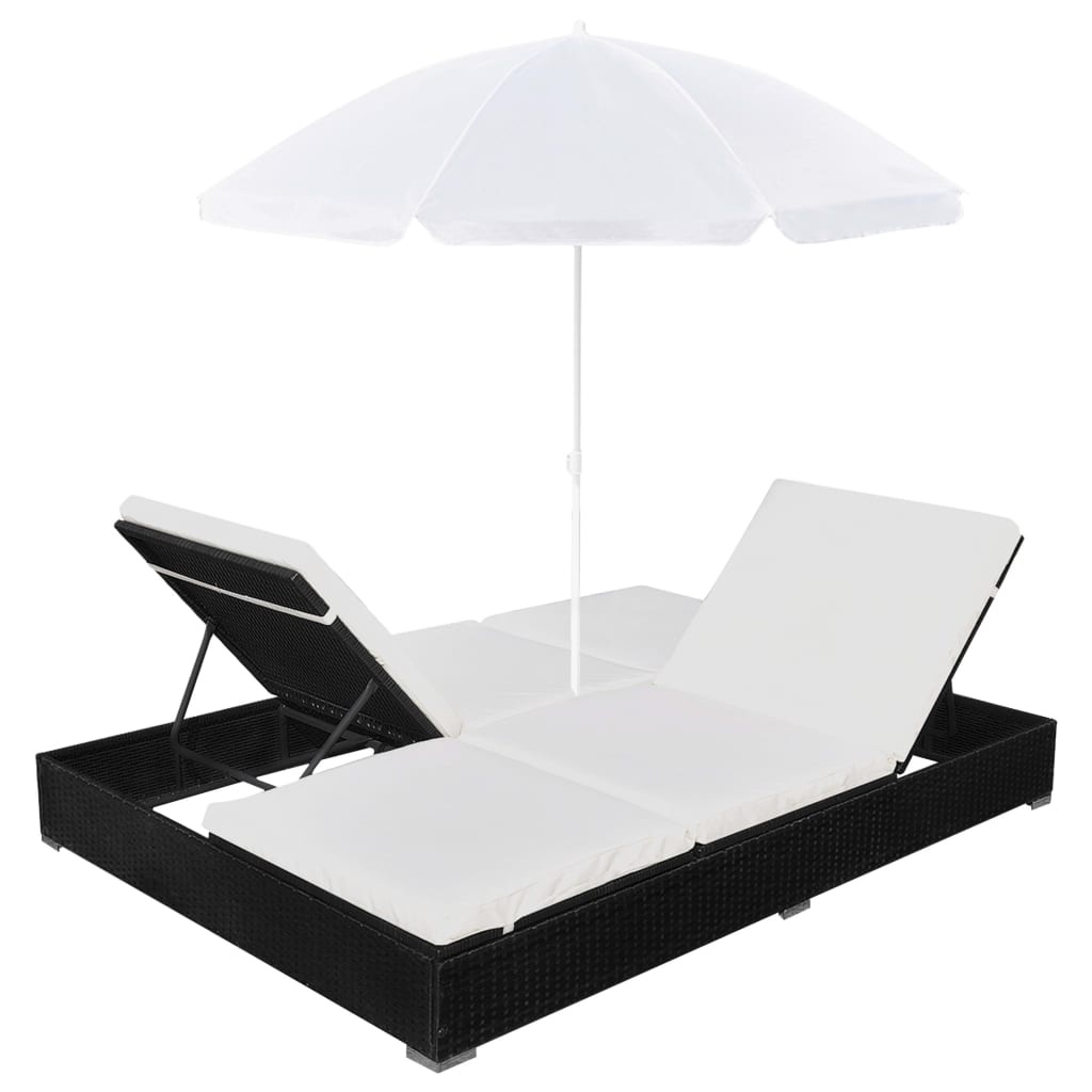 VidaXL Loungebed met parasol poly rattan zwart