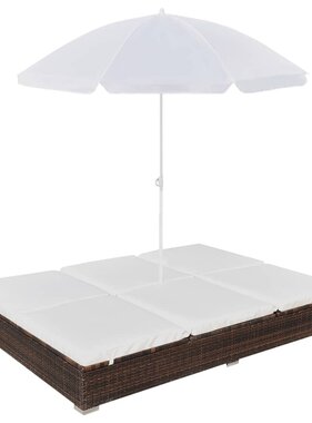 VidaXL Loungebed met parasol poly rattan bruin