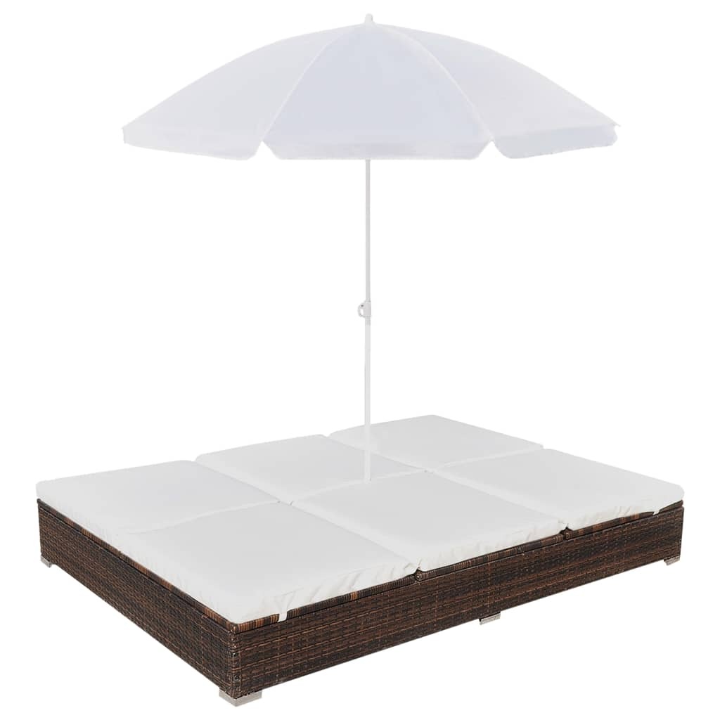 VidaXL Loungebed met parasol poly rattan bruin
