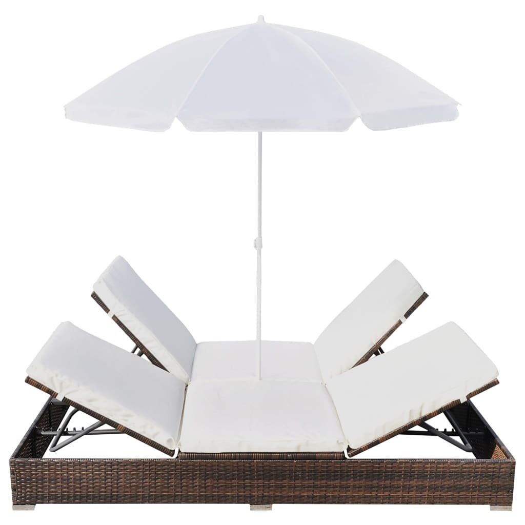 VidaXL Loungebed met parasol poly rattan bruin