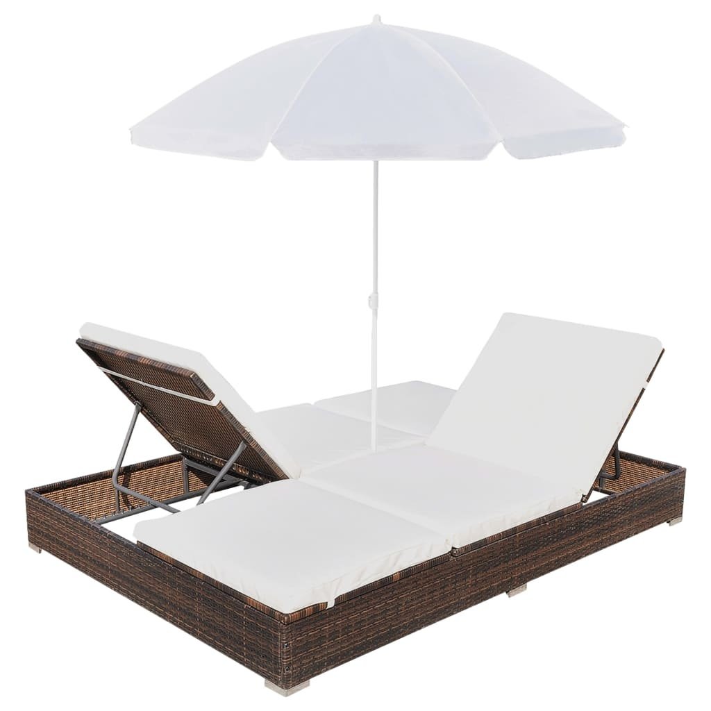 VidaXL Loungebed met parasol poly rattan bruin