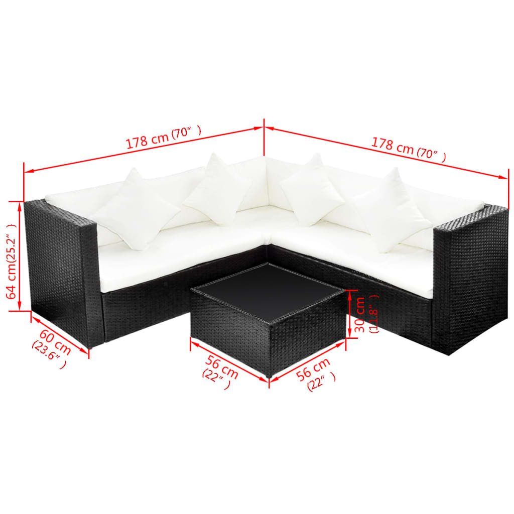 VidaXL 4-delige Loungeset met kussens poly rattan zwart