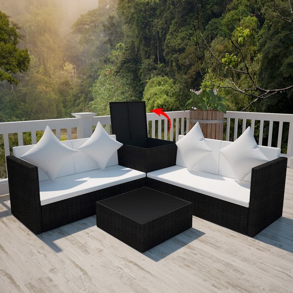 VidaXL 4-delige Loungeset met kussens poly rattan zwart