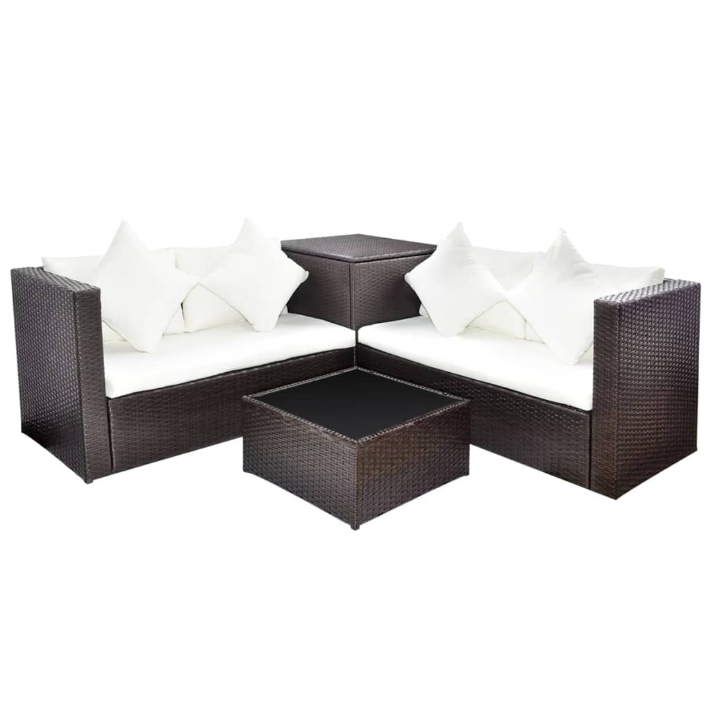 VidaXL 4-delige Loungeset met kussens poly rattan bruin