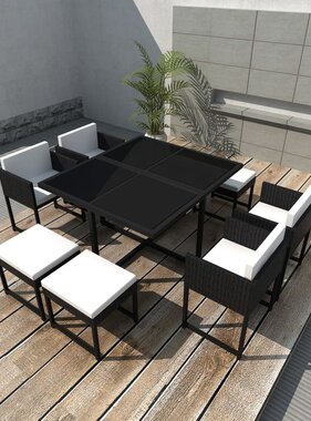VidaXL 9-delige Tuinset met kussens poly rattan zwart