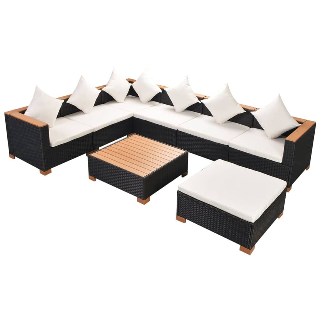VidaXL 8-delige Loungeset met kussens poly rattan zwart