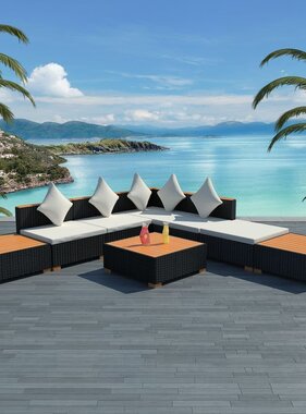 VidaXL 8-delige Loungeset met kussens poly rattan zwart