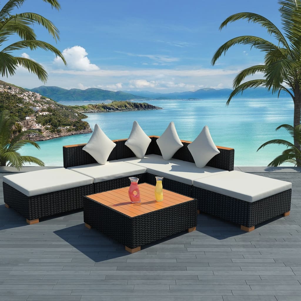 VidaXL 6-delige Loungeset met kussens poly rattan zwart