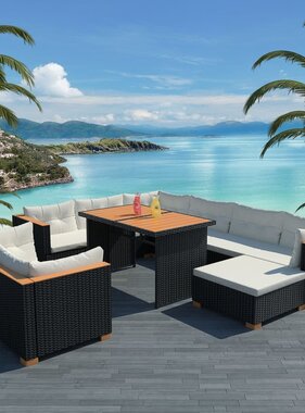 VidaXL 10-delige Loungeset met kussens poly rattan zwart