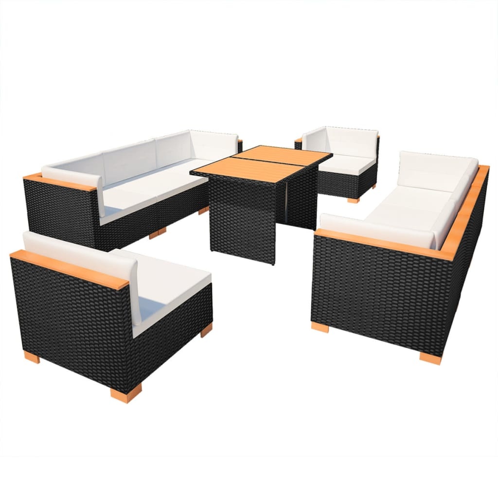 VidaXL 10-delige Loungeset met kussens poly rattan zwart