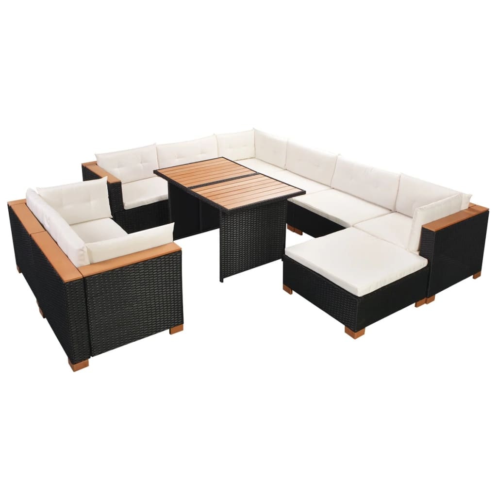VidaXL 10-delige Loungeset met kussens poly rattan zwart
