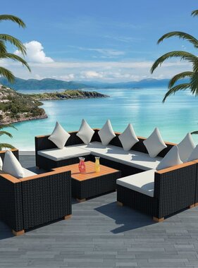 VidaXL 9-delige Loungeset met kussens poly rattan zwart