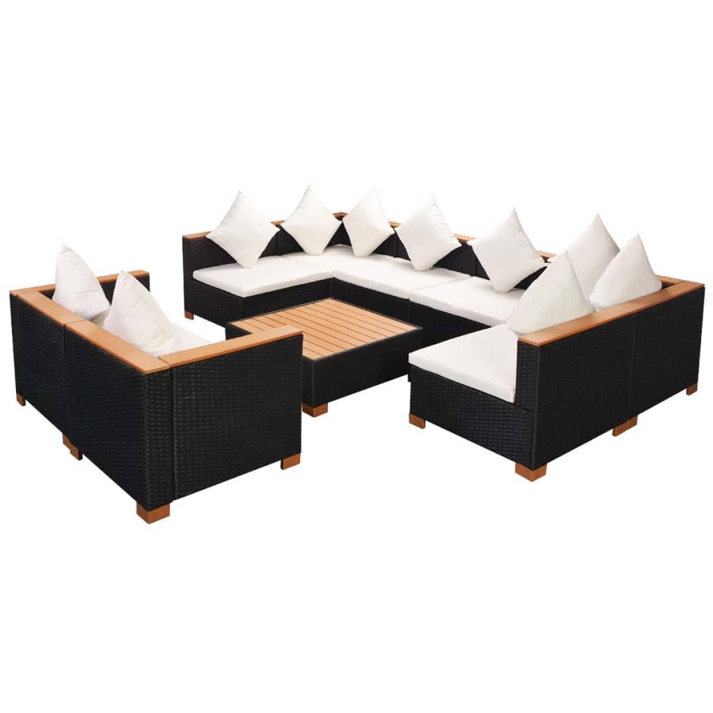 VidaXL 9-delige Loungeset met kussens poly rattan zwart