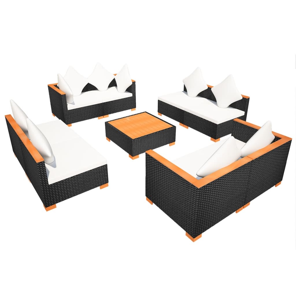 VidaXL 9-delige Loungeset met kussens poly rattan zwart