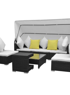 VidaXL 7-delige Loungeset met luifel poly rattan zwart